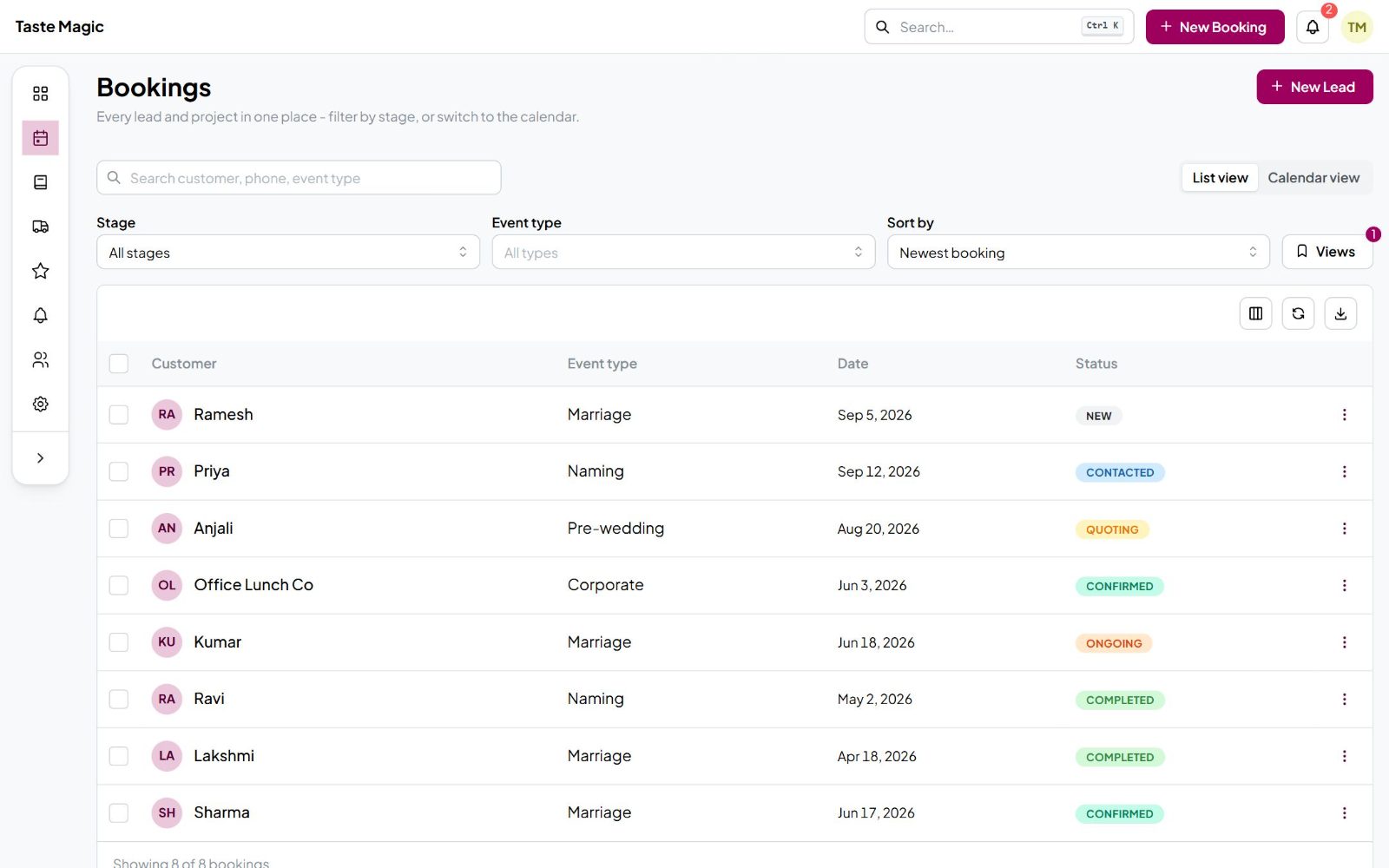 Eventify bookings list filtered by stage