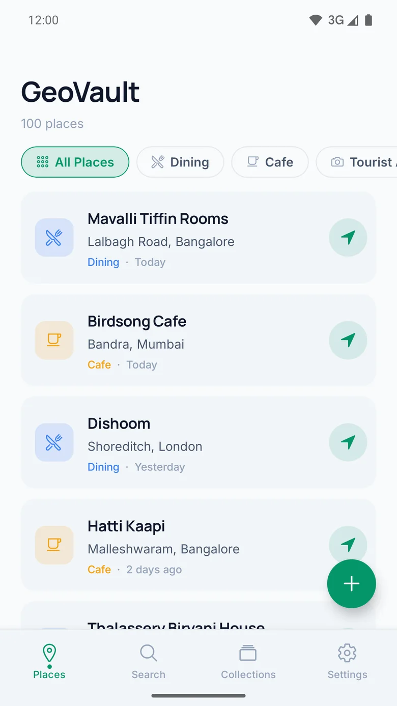 GeoVault list of saved places with category filters