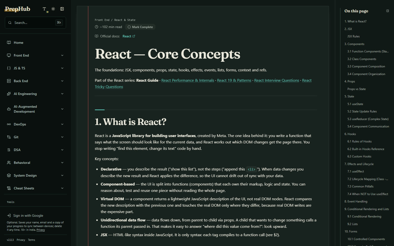 PrepHub React guide with its table of contents
