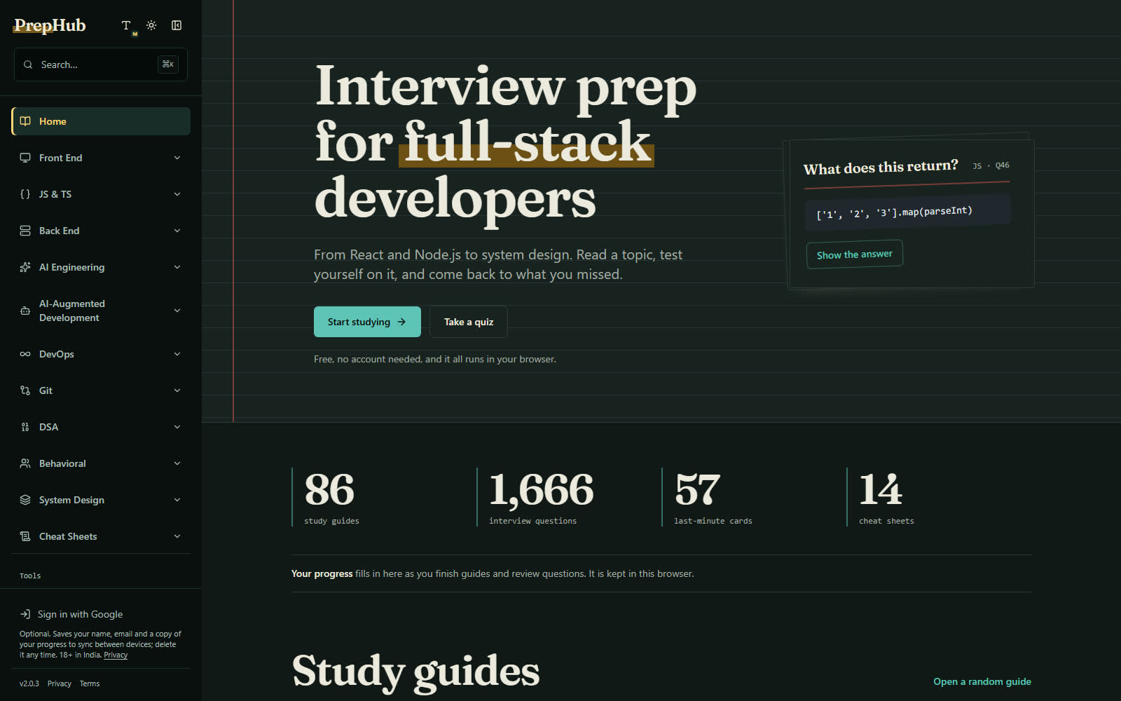 PrepHub home with a sample question and counts of guides, questions and cheat sheets
